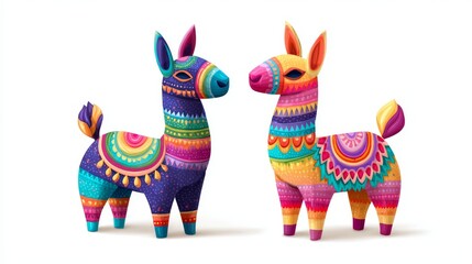 Fototapeta premium Cute cartoon donkey and llama pi atas in bright rainbow colors, traditional Mexican party toys, festive vector set on white background