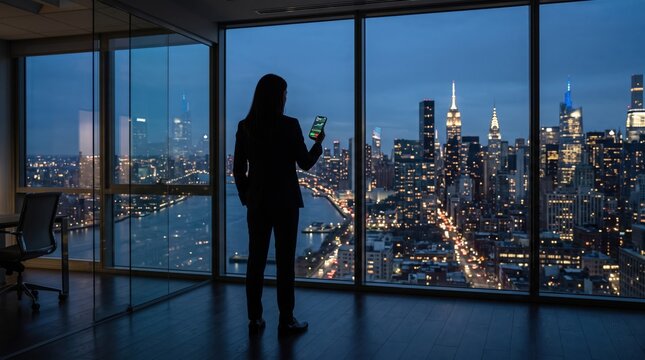 Businesswoman silhouette standing office window night city skyline view holding smartphone working late, corporate executive success ambition New York metropolitan area panoramic