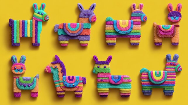 Colorful pi ata icons featuring donkey and llama shapes, decorated with layered paper textures, filled with candy for celebrations