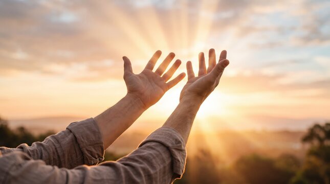 Human hands reaching up towards bright sunlight rays during golden sunrise or sunset, symbolizing freedom hope spirituality and gratitude, nature, emotional wellness