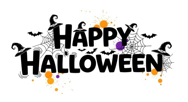 Happy halloween typography with witch hats, spider webs, and bats isolated on white background