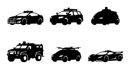 Police Car Icons, Law Enforcement Vehicle Silhouettes, Security Transport Vector Set © Sriti