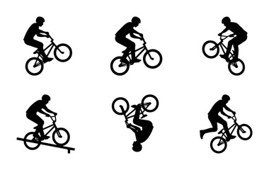Fototapeta premium BMX Bike Rider Silhouettes, Extreme Sports Action Poses, Bicycle Trick Set, Vector Graphics