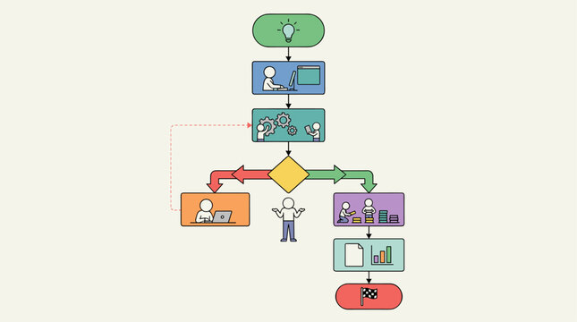 Flat design flowchart illustration showing idea generation, team collaboration, decision making, and project completion with icons.