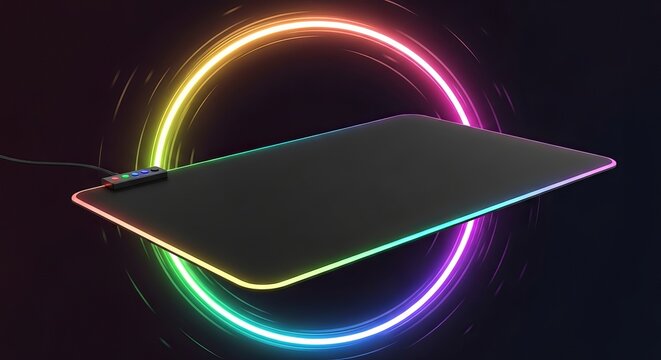 Black gaming mousepad with RGB glowing led lighting border in dark room