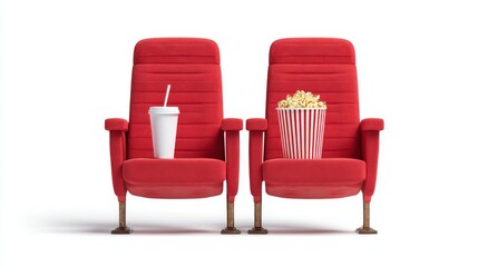 Obraz premium Two modern red theater seats with striped popcorn bucket and fizzy drink in disposable cup, clean white background entertainment concept