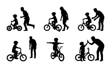 Obraz premium Father Teaching Son Cycling, Family Activity Vector Silhouettes, Outdoor Recreation Icons
