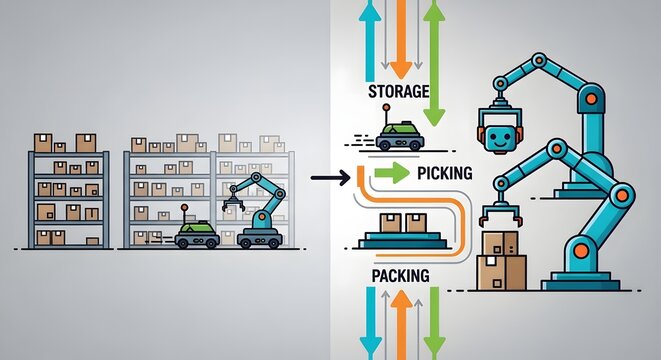 Automated Warehouse Logistic Process Flowchart Featuring Robotic Arms and Smart Vehicles for Efficient Inventory Management and Order Fulfillment