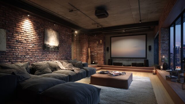 Modern loft home theater 3D render featuring large projection screen, plush sectional sofa, industrial exposed brick walls, and warm ambient lighting