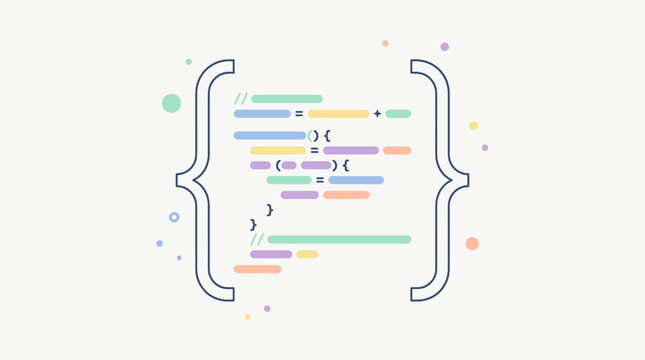 Flat design vector illustration of programming code within curly braces, with colorful abstract dots scattered around.