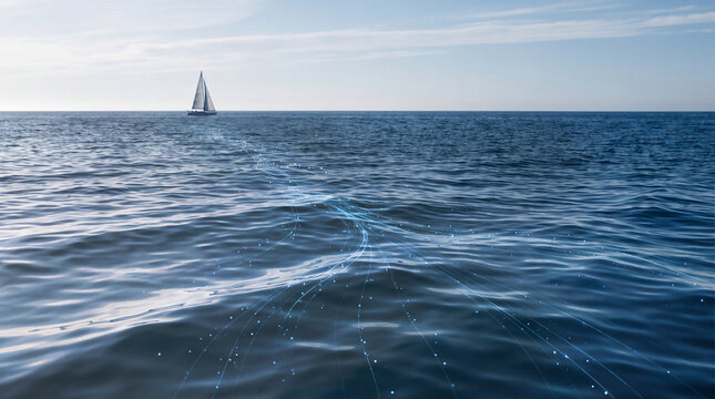 Futuristic digital navigation route glowing across the ocean toward a distant sailboat, symbolizing maritime technology, data flow, connectivity, smart navigation and innovation