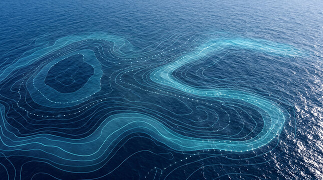 Futuristic aerial ocean surface covered with glowing digital contour lines and data points, visualizing ocean currents, information flow, technology and connected data