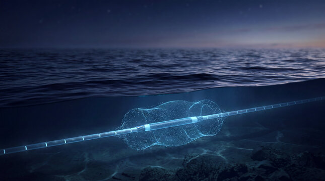 Protected subsea communication cable beneath a dark ocean surface with a glowing network particle field, symbolizing cybersecurity, secure global digital infrastructure and underwater data transmissio