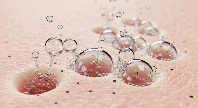 Microscopic view of active sebum glands and clogged skin pores producing oil