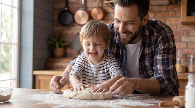 A joyful toddler presses pizza dough while a smiling father guides them in a cozy kitchen for Cheese Pizza Day cooking content and family marketing