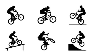 Fototapeta premium BMX Bicycle Silhouettes, Extreme Sports Action, Dynamic Rider Poses, Vector Set