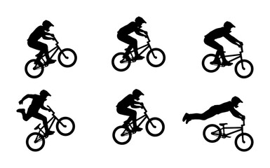 Fototapeta premium BMX Bike Rider Silhouettes, Extreme Sports Action Poses, Dynamic Cycling Vector Set