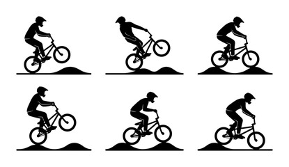 Fototapeta premium BMX Bicycle Rider Silhouettes, Extreme Sports Action, Dynamic Cycling Stunts, Vector Graphic Set