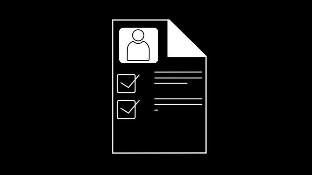 Simple Line Icon of a Resume Document with Profile Picture and Checkmark curriculum vitae on transparent background motion graphics animation.