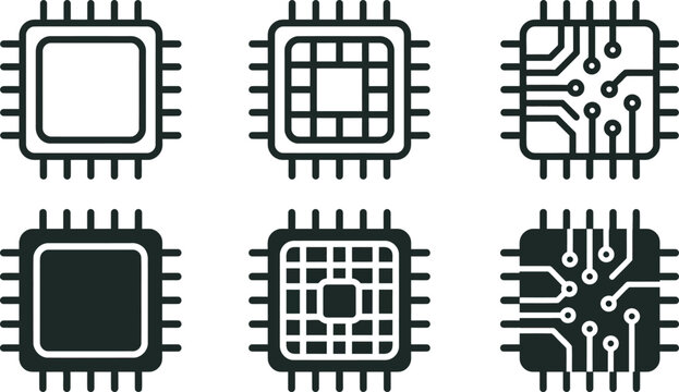 Microchip circuit board silhouettes with integrated circuit designs black silhouette