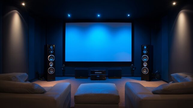 Minimalist home theater arrangement with projector screen dominating wall, two tall speakers and subwoofers on each side, cinematic mood lighting