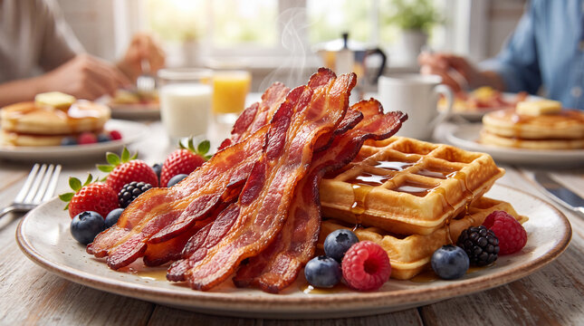 International Bacon Day features crispy bacon waffles and fresh berries on breakfast platter for food poster