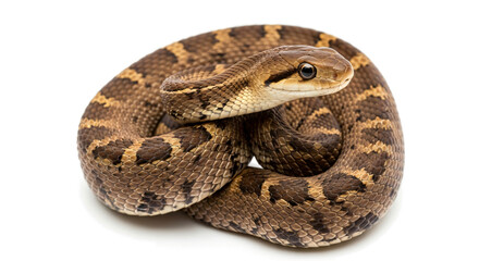 Fototapeta premium Brown and Cream Snake Coiled on White Background in Close Up