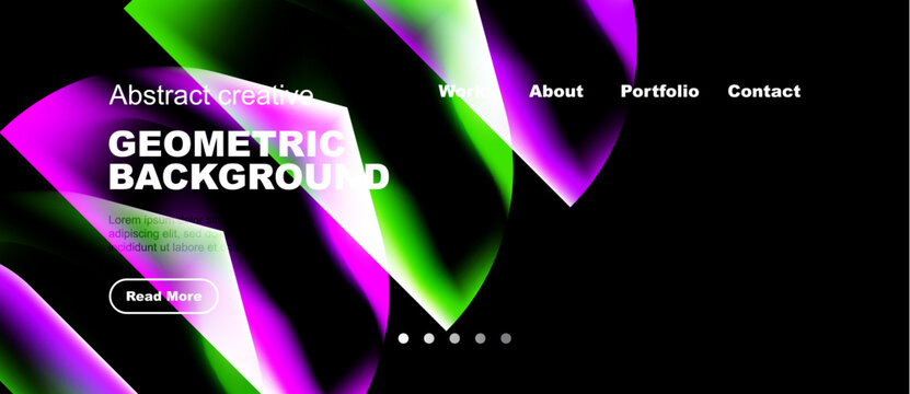 Abstract geometric background with vibrant colors. Website header includes navigation options, text, button. Dark backdrop dominates image.