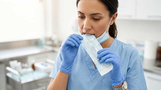 Female nurse opening sterile syringe package with her teeth