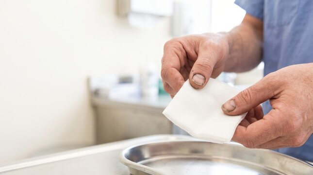 Healthcare worker with dirty hands holding sterile gauze pad