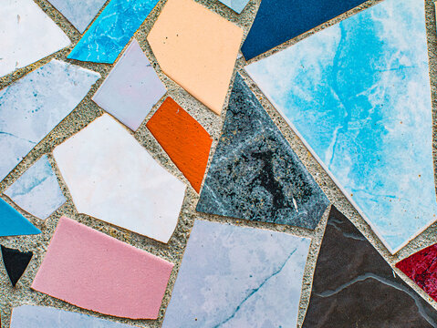 Colorful Broken Ceramic Tile Mosaic Pattern, Abstract Geometric Texture Background Close Up