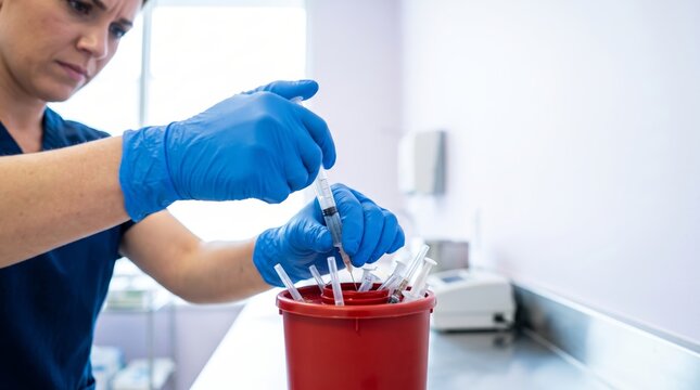 Nurse forcing syringe into full red sharps disposal container