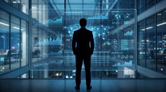 Silhouette of businessman standing in modern office looking at futuristic hologram interface with global data analytics, charts and world map visualization for strategic planning