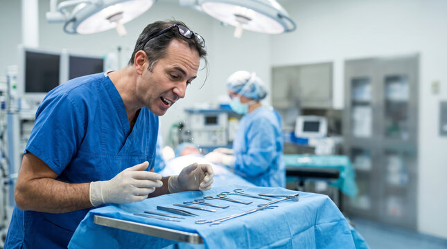 Unmasked surgeon talking over sterile instruments in operating room