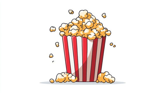Popcorn emoji vector design, playful cartoon-style snack illustration with overflowing striped red and white popcorn bucket, cinema-inspired food icon clipart
