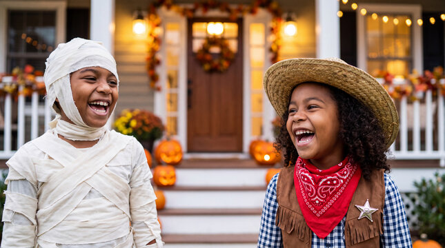 Two happy children in mummy and cowboy costumes laugh during Halloween trick-or-treating, ideal for Western-themed October costume promotions