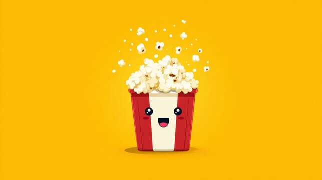 Vector illustration of popcorn emoji, smiling bucket with animated popcorn kernels popping out, cheerful cartoon food art design