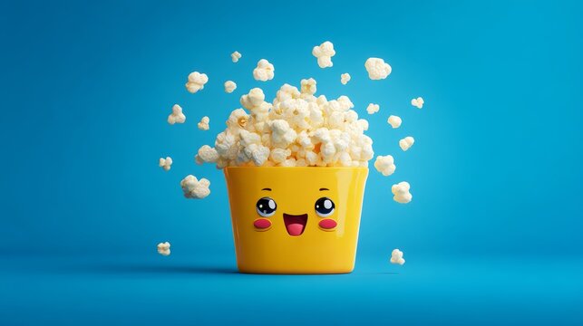 Vector illustration of popcorn emoji, smiling bucket with animated popcorn kernels popping out, cheerful cartoon food art design