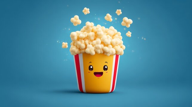 Vector illustration of popcorn emoji, smiling bucket with animated popcorn kernels popping out, cheerful cartoon food art design