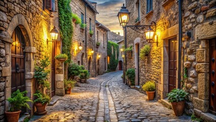 Fototapeta premium Charming Cobblestone Street at Dusk in Historic Village Setting