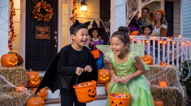Two excited children in bat and fairy costumes laugh while trick-or-treating at a Halloween-decorated door, perfect for magical October marketing