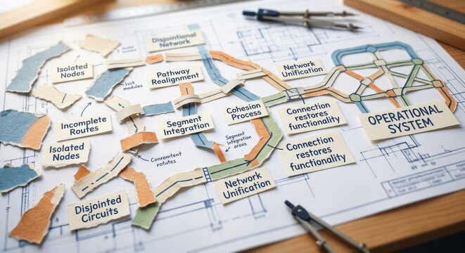 Detailed Network Plan with Labeled Pathways and Connections on Blueprint