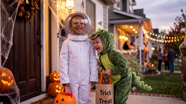 Two excited children in astronaut and dinosaur costumes laugh while trick-or-treating at a Halloween door, perfect for imaginative October promotions