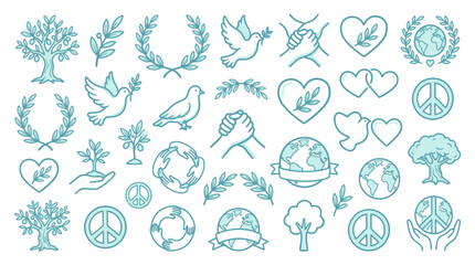 Fototapeta premium Collection of peace and nature symbols including doves, trees, globes, and hands, representing harmony and environmentalism.