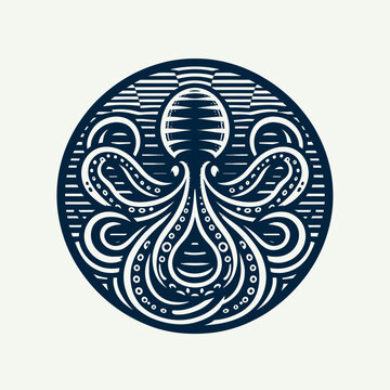 Stylized illustration of a dark blue octopus with intricate tentacles in a circular frame.