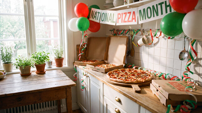 Bright kitchen table with pizza boxes and festive decorations is an inviting National Pizza Month party background for banners
