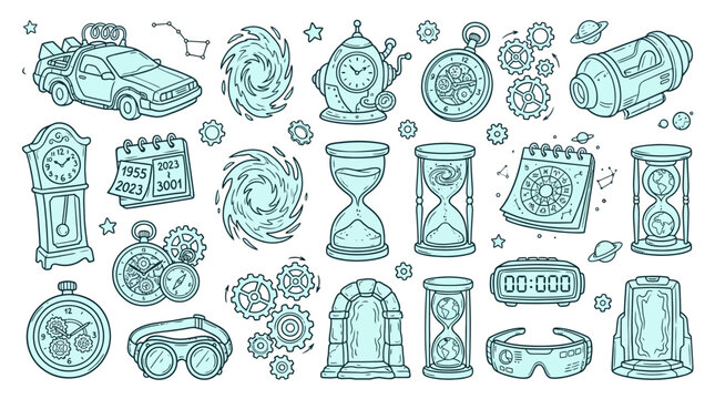 Collection of Steampunk and Time Travel Elements Including Clocks, Gears, and Futuristic Devices.