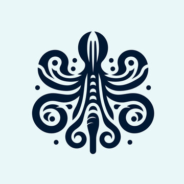 Stylized dark blue octopus emblem with swirling tentacles and dots on a light blue background.