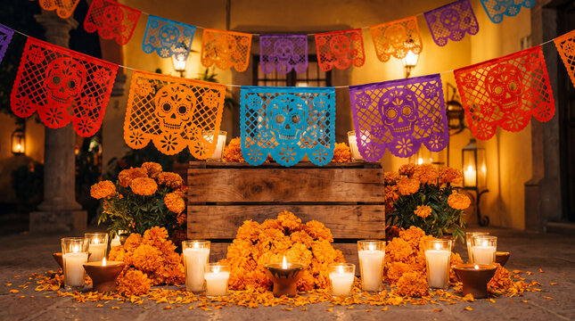 Colorful papel picado banners hanging above lit candles and marigold flowers are a festive Day of the Dead decoration for designs