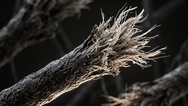 Microscopic view of severely damaged and split hair end.